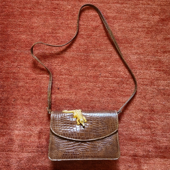 Vintage Alligator Faux Skin Handbag Goldtone Animal Figurine Brown Crossbody - Picture 3 of 11